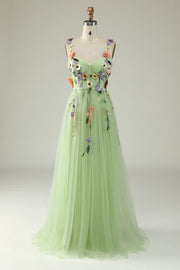 Green A Line Spaghetti Straps Tulle Ball Dress With 3D Flowers
