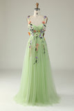 Green A Line Spaghetti Straps Tulle Ball Dress With 3D Flowers