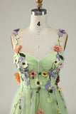 Green A Line Spaghetti Straps Tulle Ball Dress With 3D Flowers