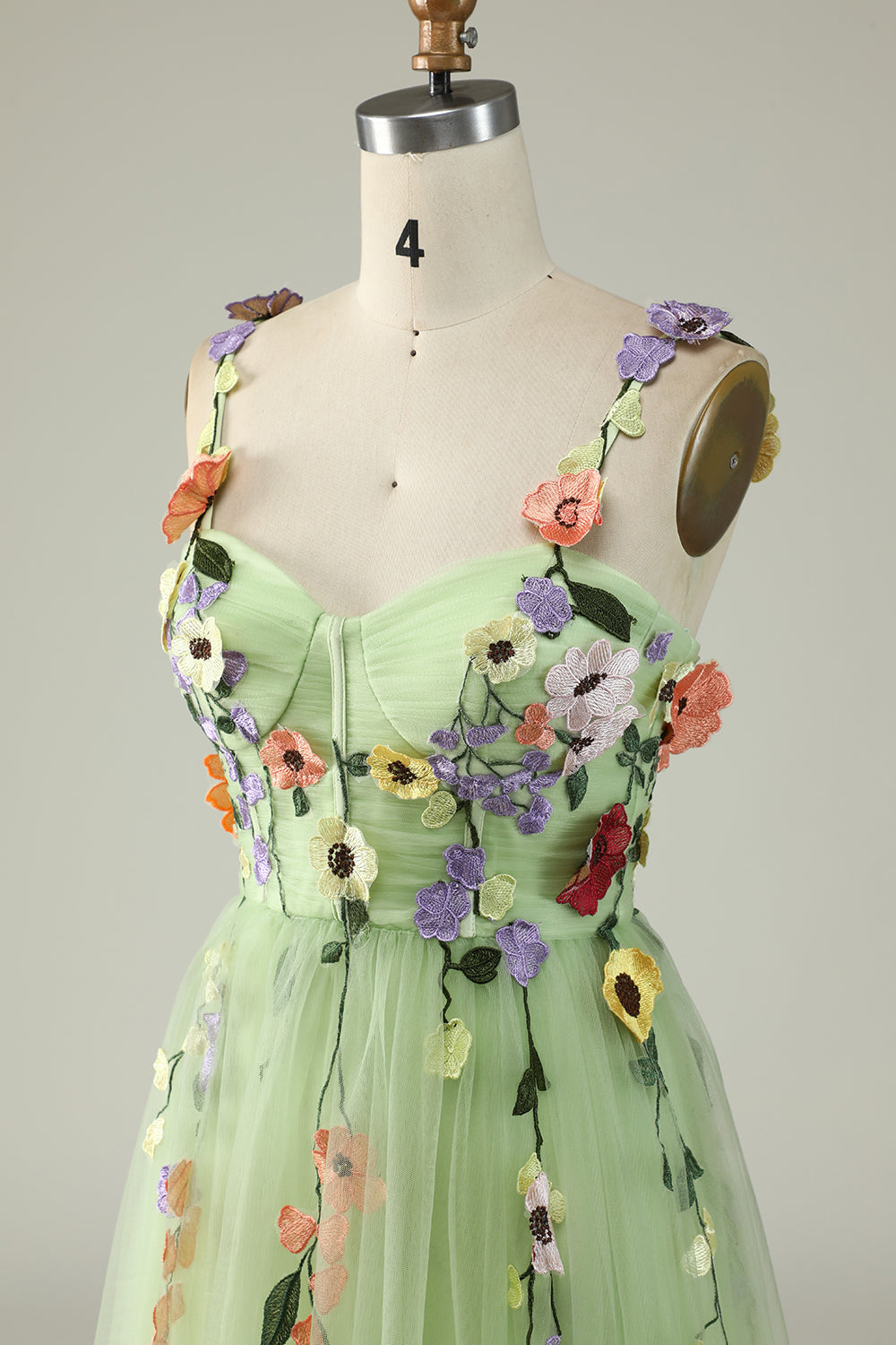 Green A Line Spaghetti Straps Tulle Ball Dress With 3D Flowers