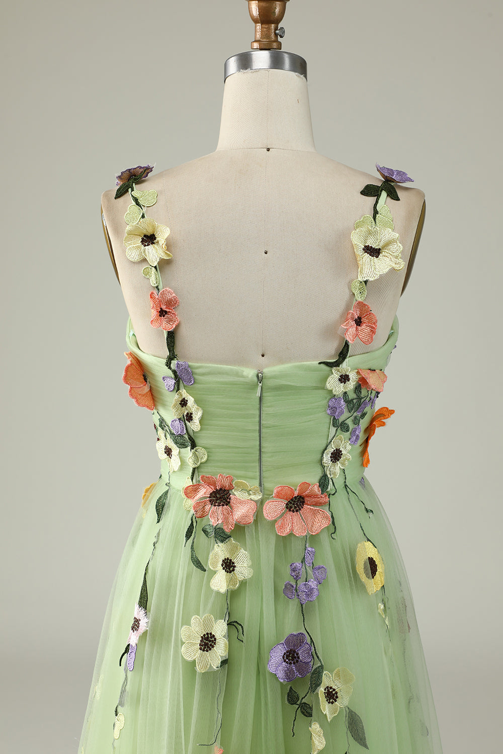 Green A Line Spaghetti Straps Tulle Ball Dress With 3D Flowers