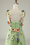 Green A Line Spaghetti Straps Tulle Ball Dress With 3D Flowers