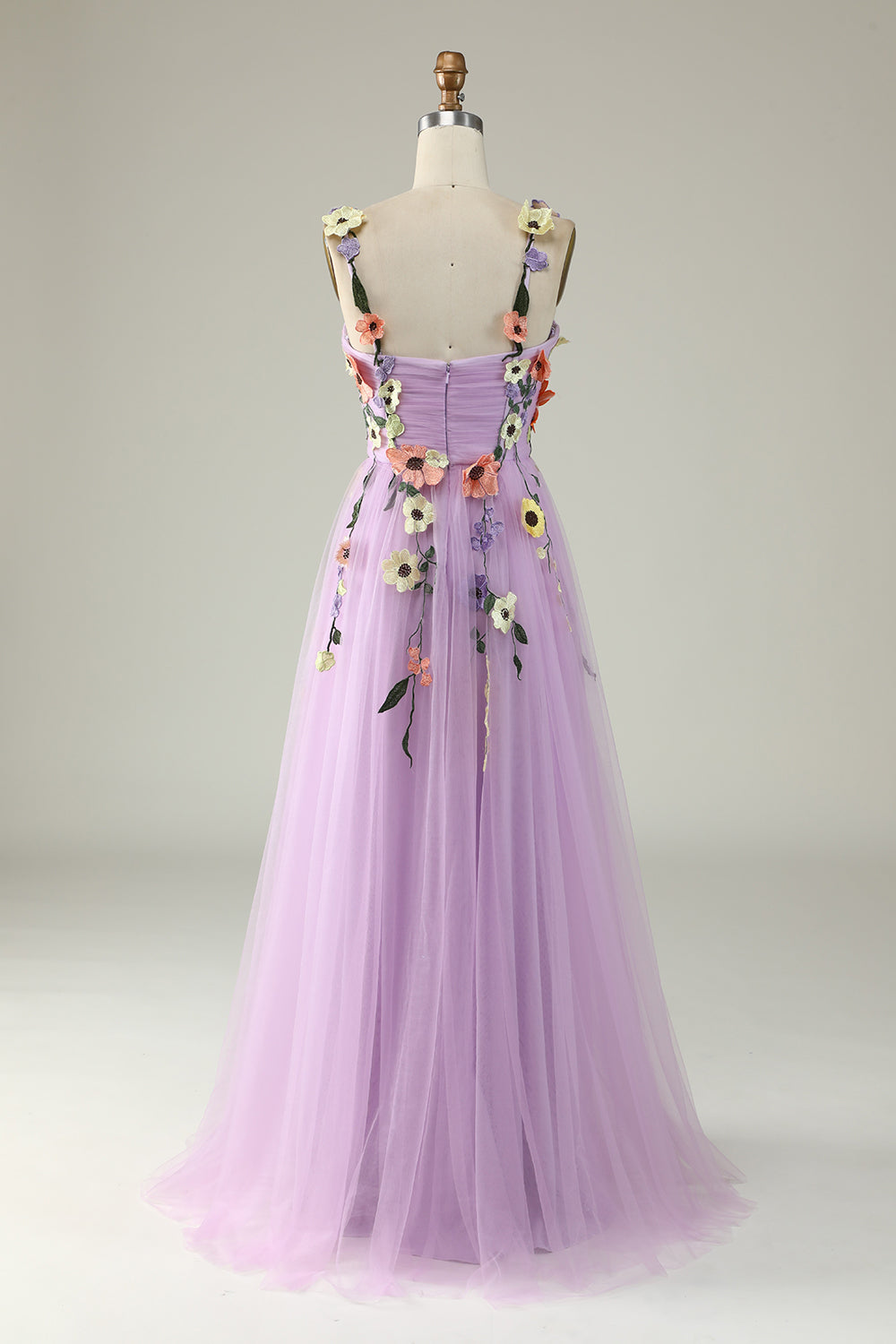Champagne A Line Spaghetti Straps Tulle Ball Dress With 3D Flowers