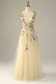 Champagne A Line Spaghetti Straps Tulle Ball Dress With 3D Flowers