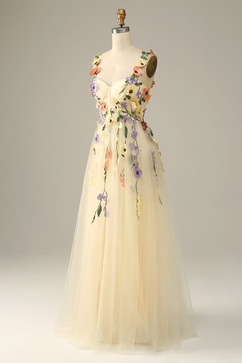 Green A Line Spaghetti Straps Tulle Ball Dress With 3D Flowers