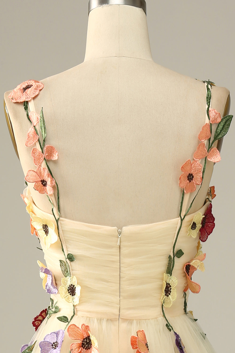 Champagne A Line Spaghetti Straps Tulle Ball Dress With 3D Flowers