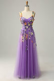 Dark Purple A Line Spaghetti Straps Tulle Ball Dress With 3D Flowers