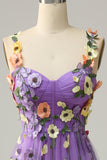Dark Purple A Line Spaghetti Straps Tulle Ball Dress With 3D Flowers