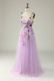 Dark Purple A Line Spaghetti Straps Tulle Ball Dress With 3D Flowers