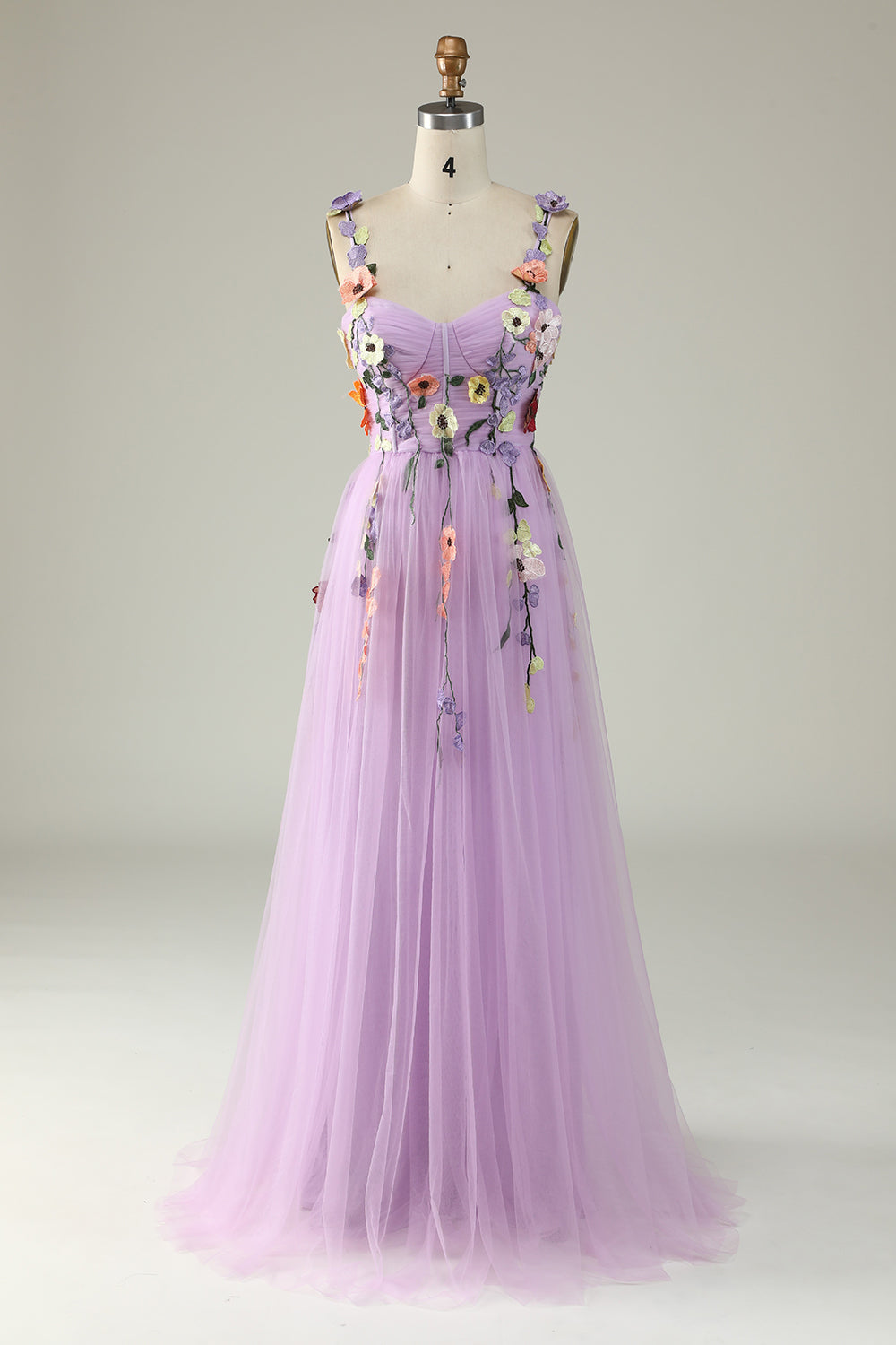Dark Purple A Line Spaghetti Straps Tulle Ball Dress With 3D Flowers