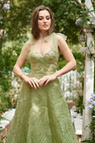 Light Green A-Line Long Ball Dress With Embroidery
