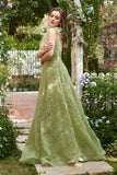 Light Green A-Line Long Ball Dress With Embroidery