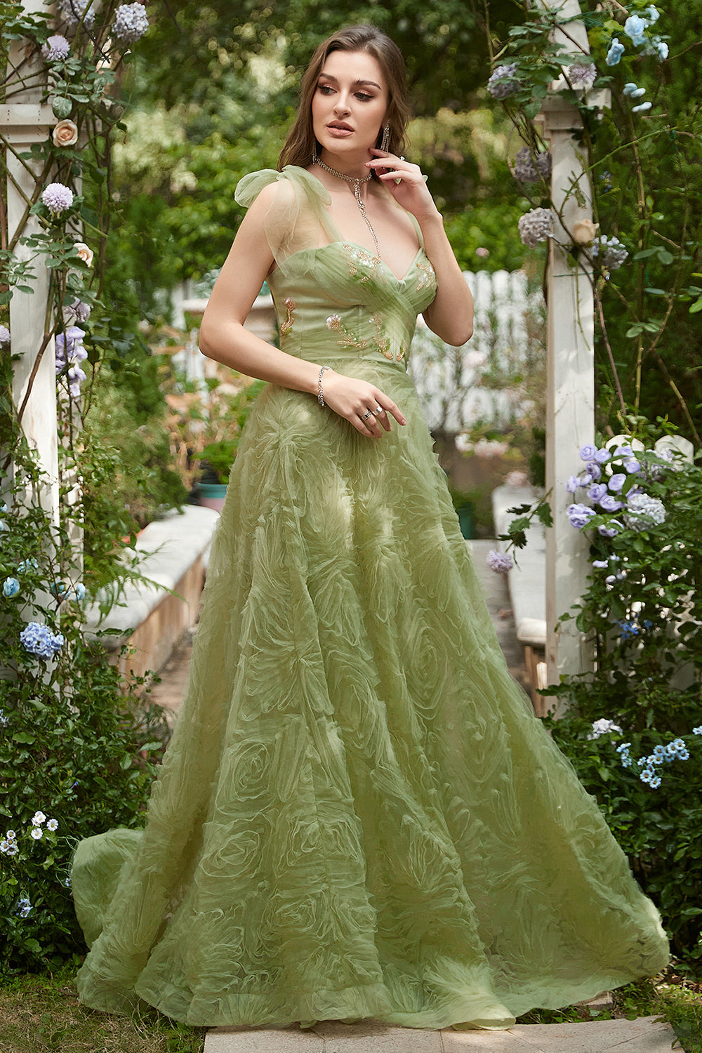 Light Green A-Line Long Ball Dress With Embroidery