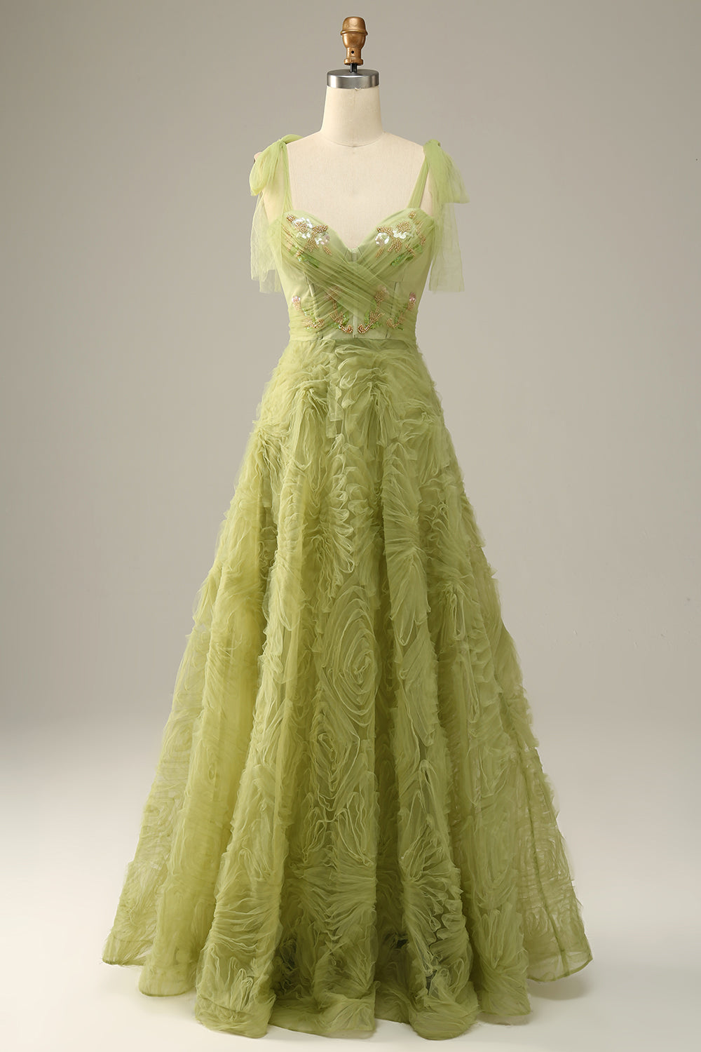 Light Green A-Line Long Ball Dress With Embroidery
