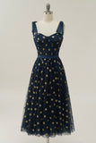Navy Stars A-Line Tea-Length Ball Dress With Bowknots