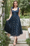 Navy Stars A-Line Tea-Length Ball Dress With Bowknots