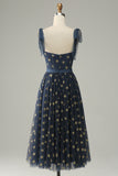 Navy Stars A-Line Tea-Length Ball Dress With Bowknots