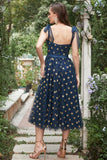 Navy Stars A-Line Tea-Length Ball Dress With Bowknots
