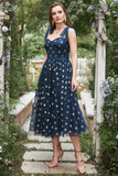 Navy Stars A-Line Tea-Length Ball Dress With Bowknots