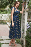 Navy Stars A-Line Tea-Length Ball Dress With Bowknots