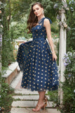 Navy Stars A-Line Tea-Length Ball Dress With Bowknots