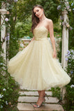 Yellow Spaghetti Straps Tea Length Ball Dress