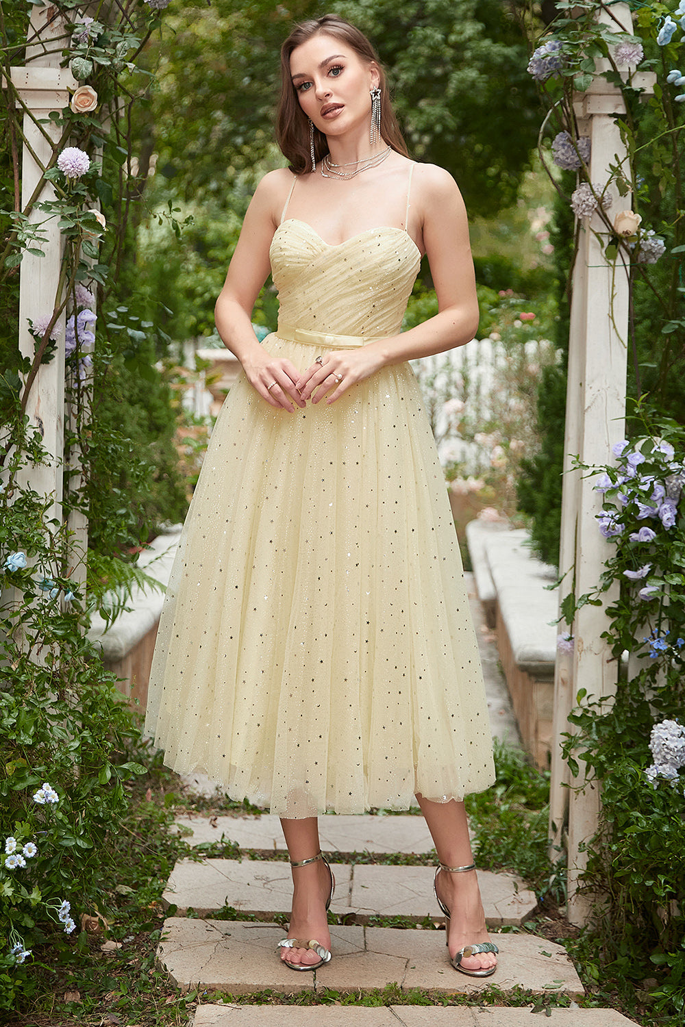 Yellow Spaghetti Straps Tea Length Ball Dress