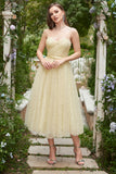 Yellow Spaghetti Straps Tea Length Ball Dress
