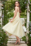 Yellow Spaghetti Straps Tea Length Ball Dress