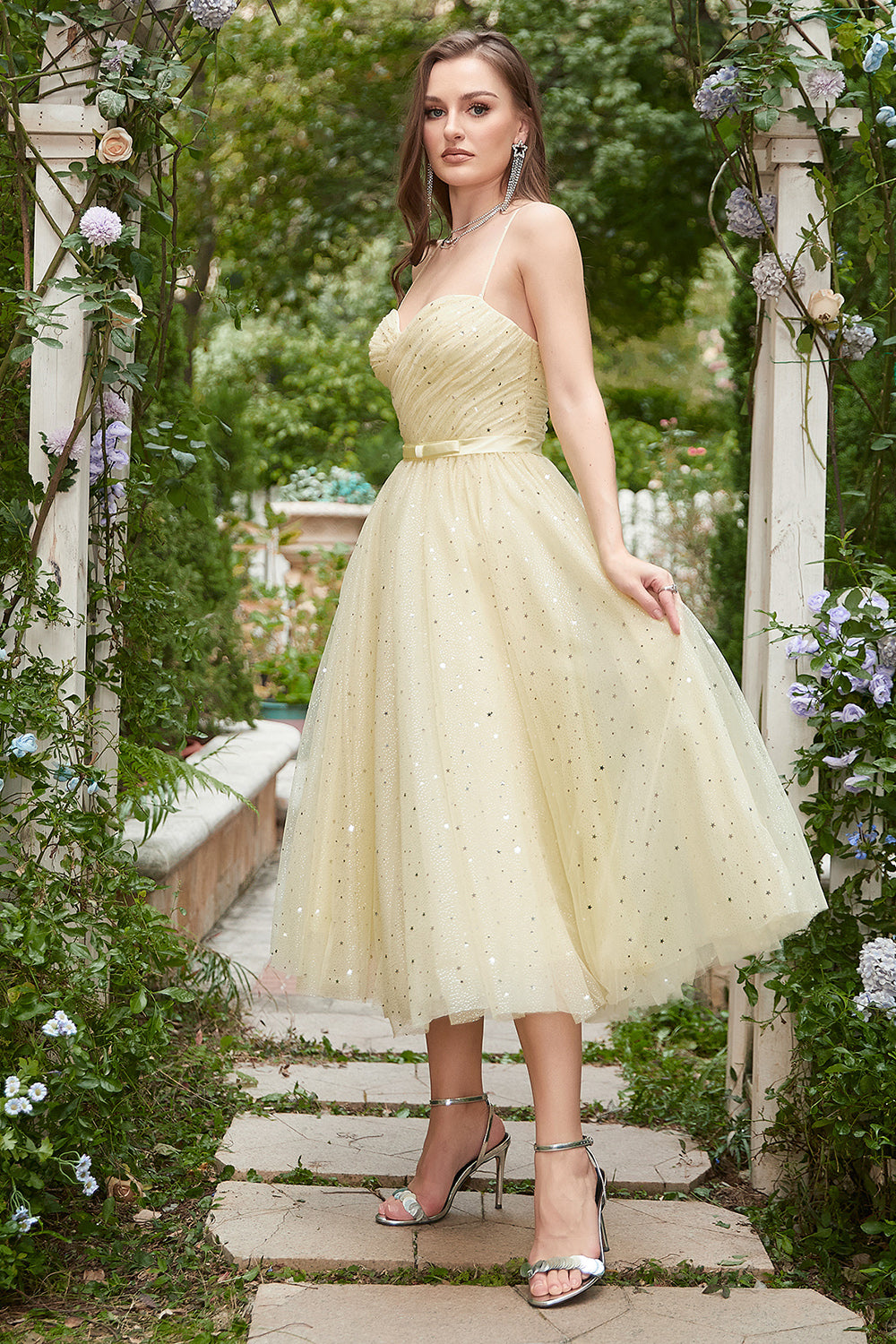 Yellow Spaghetti Straps Tea Length Ball Dress