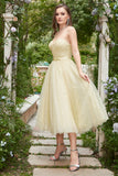 Yellow Spaghetti Straps Tea Length Ball Dress