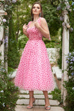 Pink Tulle A-line Midi Ball Dress with Hearts