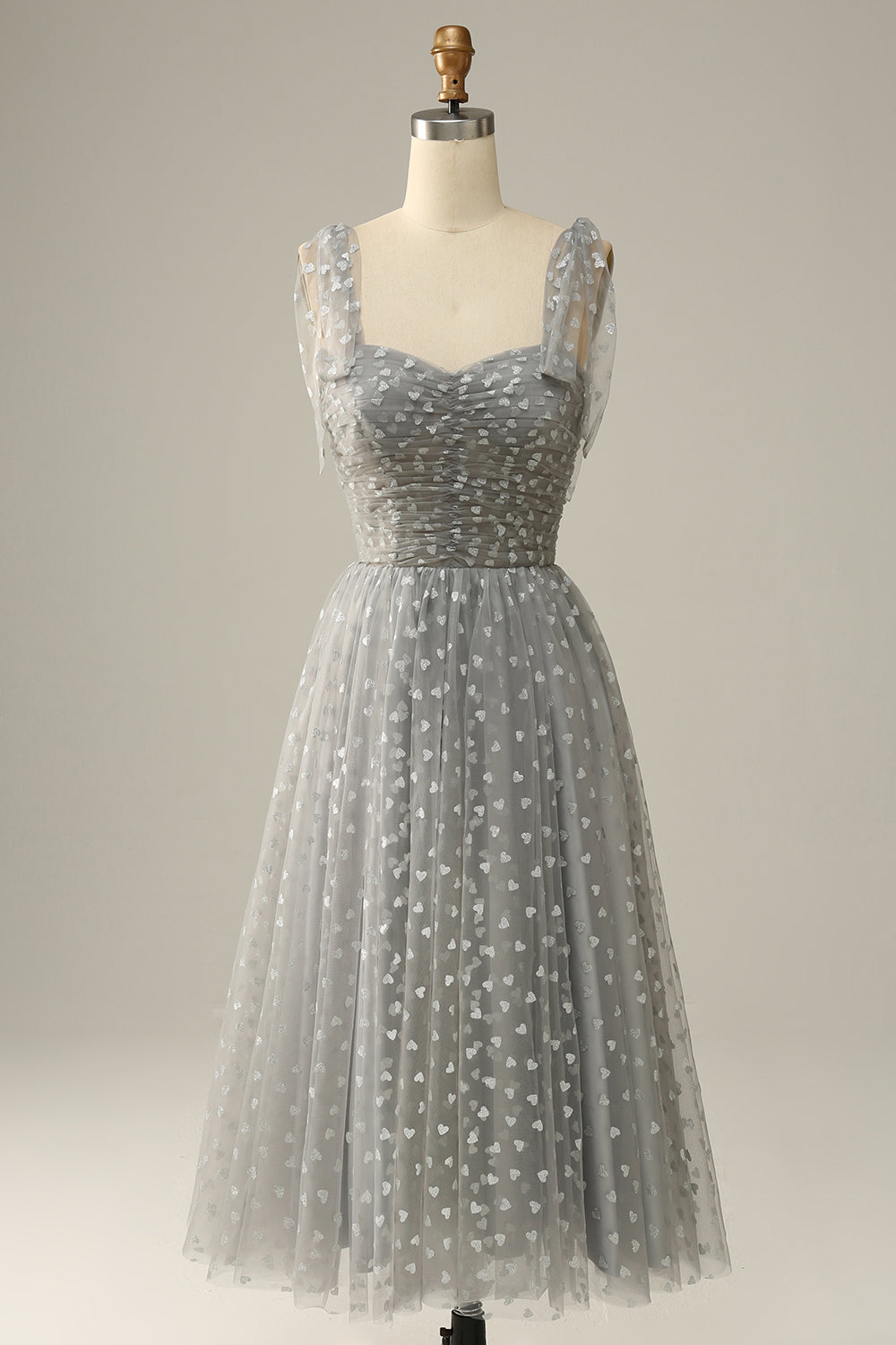 Grey Spaghetti Straps Tea-Length Ball Dress With Bowknots