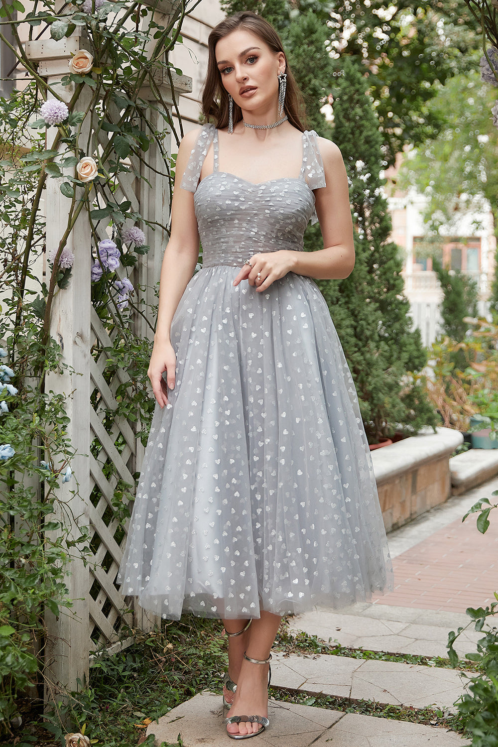 Grey Spaghetti Straps Tea-Length Ball Dress With Bowknots
