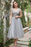 Grey Spaghetti Straps Tea-Length Ball Dress With Bowknots