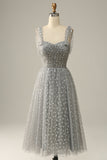 Grey Spaghetti Straps Tea-Length Ball Dress With Bowknots