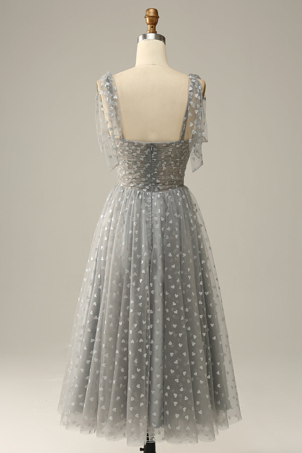 Grey Spaghetti Straps Tea-Length Ball Dress With Bowknots