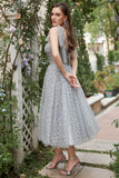 Grey Spaghetti Straps Tea-Length Ball Dress With Bowknots