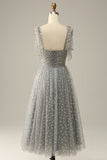 Grey Spaghetti Straps Tea-Length Ball Dress With Bowknots