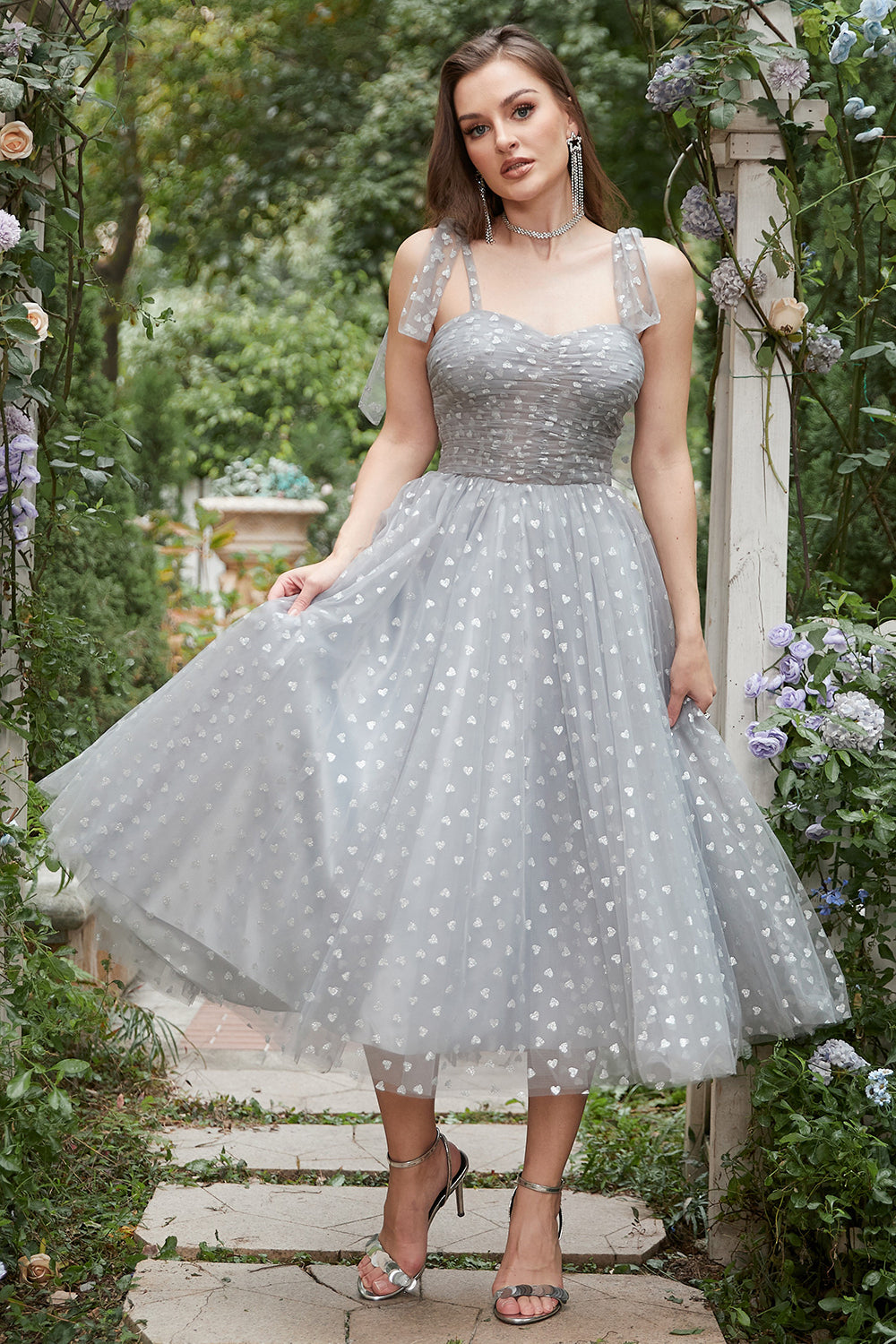 Grey Spaghetti Straps Tea-Length Ball Dress With Bowknots