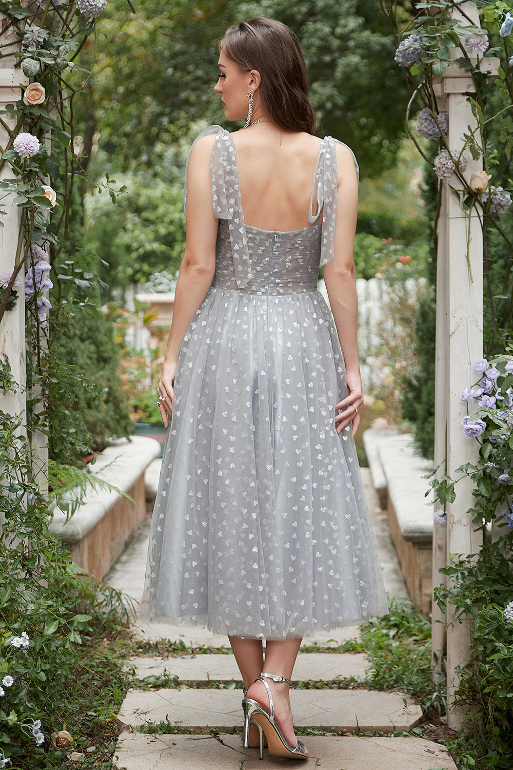 Grey Spaghetti Straps Tea-Length Ball Dress With Bowknots