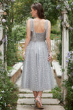 Grey Spaghetti Straps Tea-Length Ball Dress With Bowknots