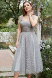 Grey Spaghetti Straps Tea-Length Ball Dress With Bowknots