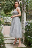 Grey Spaghetti Straps Tea-Length Ball Dress With Bowknots