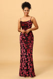 Sheath Spaghetti Straps Burgundy Printed Velvet Long Ball Dress with Silt