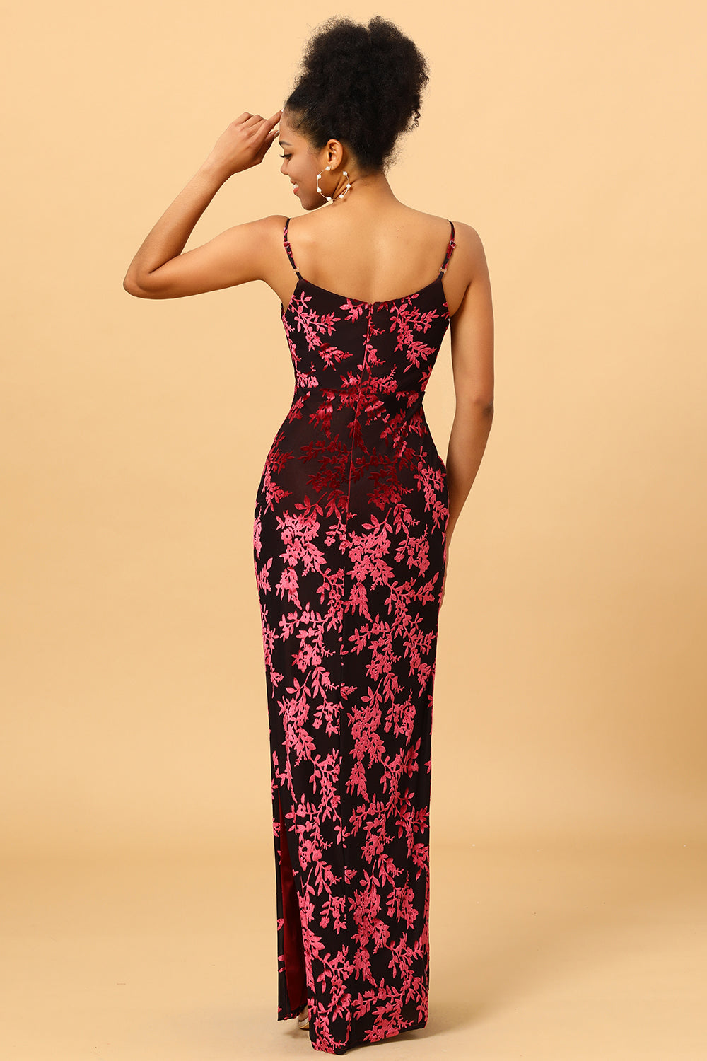 Sheath Spaghetti Straps Burgundy Printed Velvet Long Ball Dress with Silt