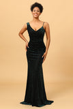 Mermaid V Neck Green Velvet Long Ball Dress