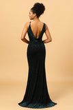 Mermaid V Neck Green Velvet Long Ball Dress