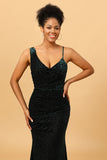 Mermaid V Neck Green Velvet Long Ball Dress
