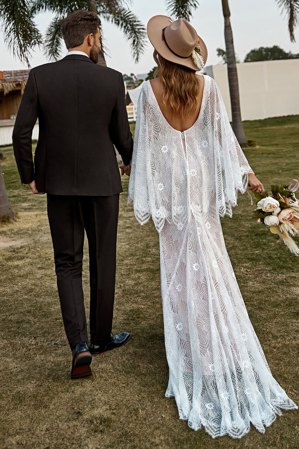 Ivory V- Neck Mermaid Lace Boho Wedding Dress With Cape